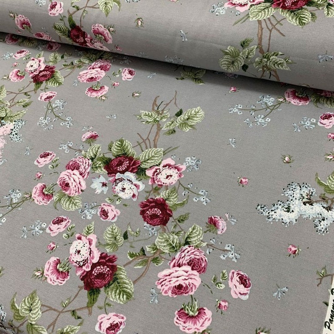 Roses Fabric by the Yard, Pink Flower Fabric, Gray Floral Fabric, Retro