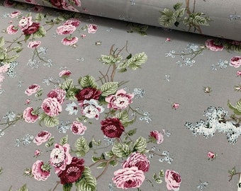 Roses Fabric by the Yard, Pink Flower Fabric, Gray Floral Fabric, Retro Print Cotton Canvas Upholstery Furniture Indoor Outdoor Fabric Yard