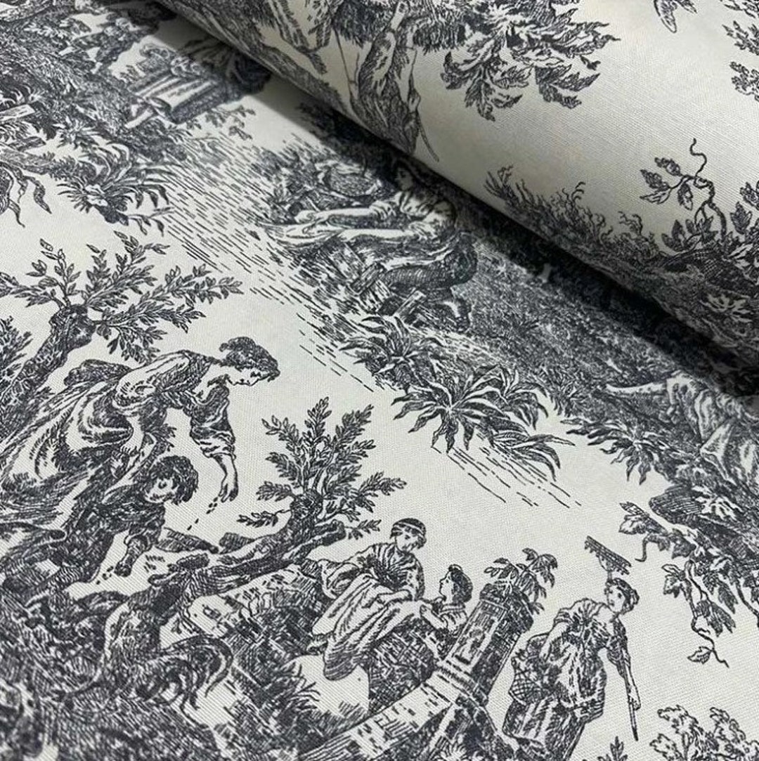 French Toile Fabric, Country Upholstery Fabric, Gray White Cottage ...
