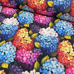 Red orange pink yellow blue purple hydrangea flowers printted with 3d effect on polyester upholstery fabric