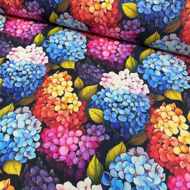 Red orange pink yellow blue purple hydrangea flowers printted with 3d effect on polyester upholstery fabric