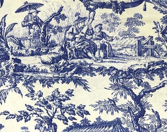 Toile Fabric, Chinoiserie Fabric, Asian Upholstery Fabric, Blue White Scenery Landscape Country Cottage Canvas Curtain Cushion Fabric Yard