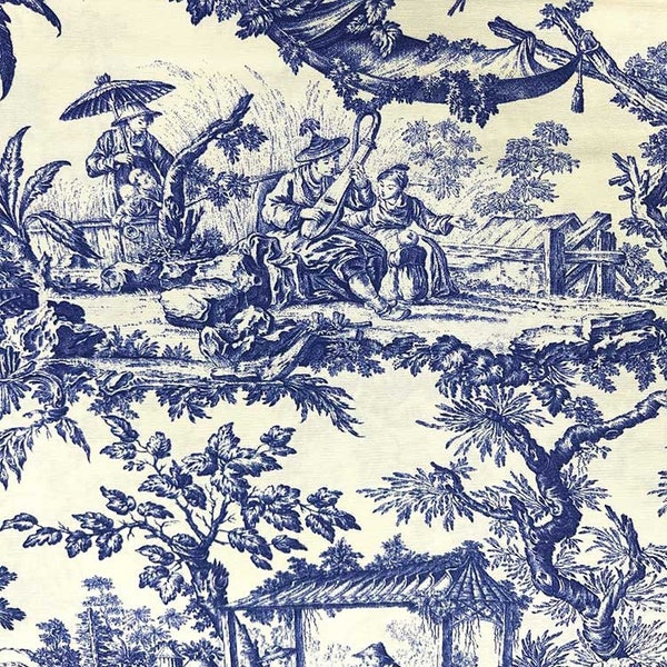 Toile Fabric, Chinoiserie Fabric, Asian Upholstery Fabric, Blue White Scenery Landscape Country Cottage Canvas Curtain Cushion Fabric Yard