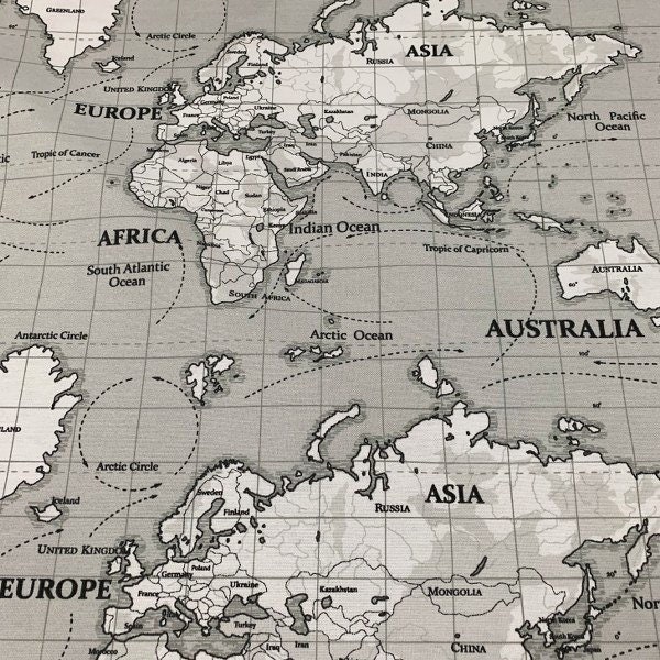 Carte du monde, tissu d'ameublement gris, voyage par mètre, toile de coton, tissu de décoration intérieure, coussin d'extérieur