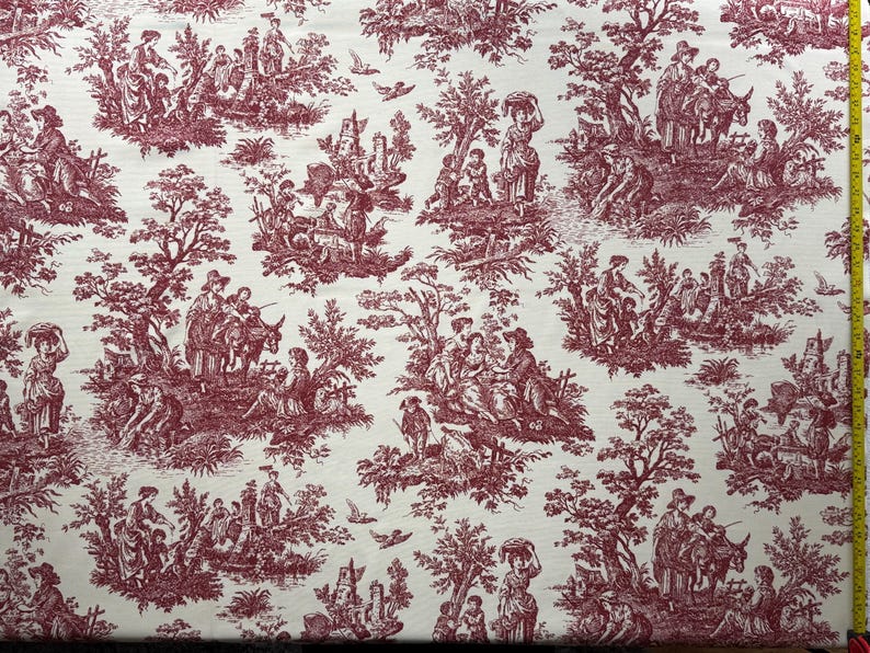 Toile de Jouy Fabric, Burgundy Upholstery Fabric, Maroon White Fabric, Vintage Style Retro Scenic Cotton Canvas Sofa Home Decor Fabric Yard image 5