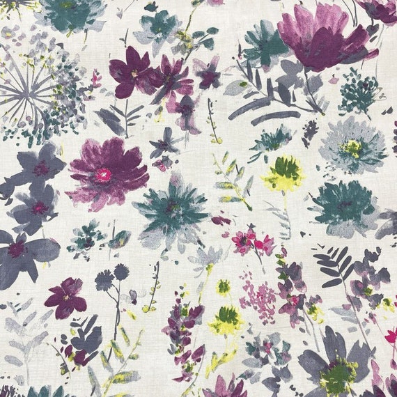 Watercolor Floral Fabric, Purple Flowers Fabric, Painting Art Fabric, Boho Pastel Print Wildflower 100% Cotton Canvas Upholstery Fabric Yard