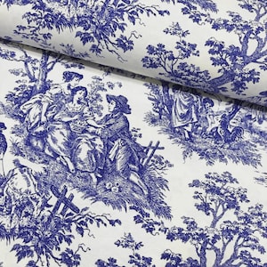 French Toile Fabric, Blue and White Upholstery Fabric, Country Cottage Fabric, Cotton Canvas Curtain Cushion Home Decor Outdoor Fabric Yard