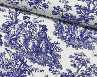 French Toile Fabric, Blue and White Upholstery Fabric, Country Cottage Fabric, Cotton Canvas Curtain Cushion Home Decor Outdoor Fabric Yard