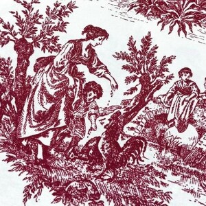 May include: A burgundy and white toile illustration shows a rural scene. A woman and child feed a rooster, with other figures seated nearby. Trees and foliage surround the scene, creating a classic toile design.