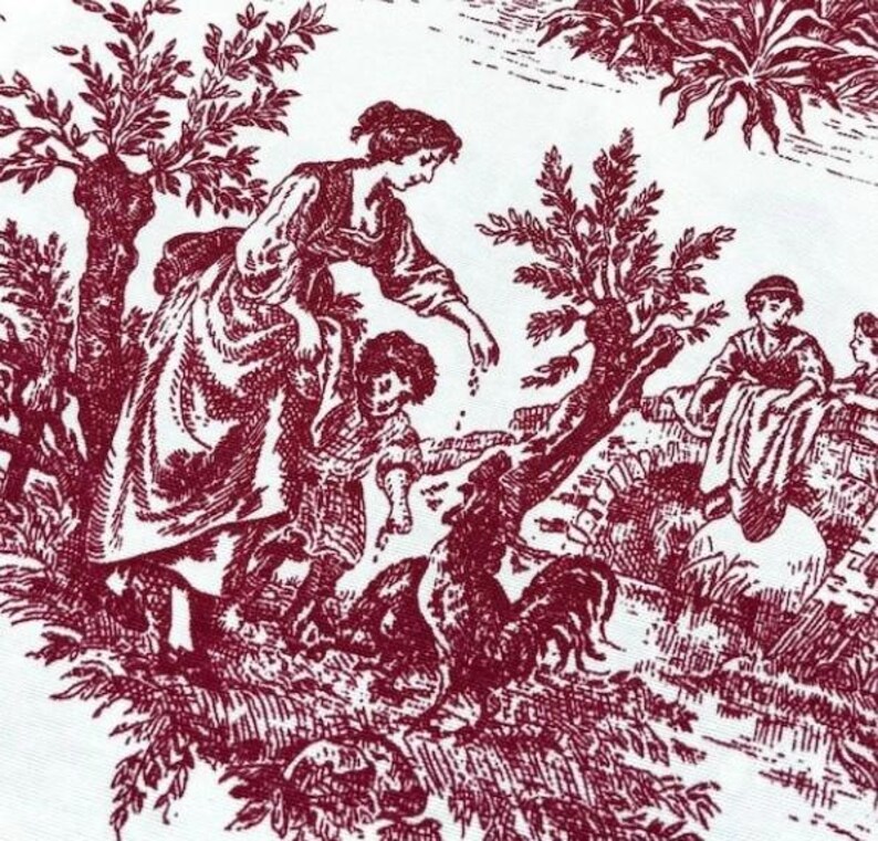 May include: A burgundy and white toile illustration shows a rural scene. A woman and child feed a rooster, with other figures seated nearby. Trees and foliage surround the scene, creating a classic toile design.