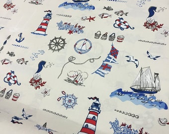 Nautical Fabric, Boat Fabric, Marine Fabric, Lighthouse Fabric, Blue Ocean Fabric, Explorer Cotton Canvas Kids Upholstery Decor Fabric Yard