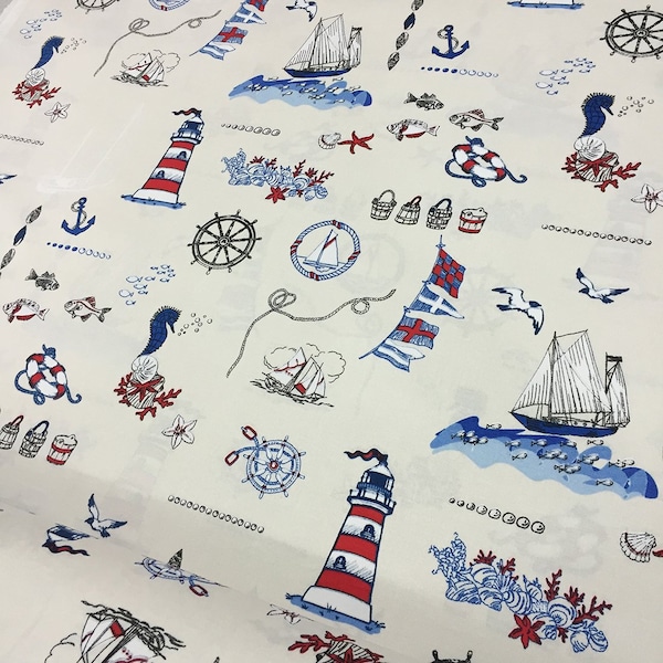 Nautical Fabric, Boat Fabric, Marine Fabric, Lighthouse Fabric, Blue Ocean Fabric, Explorer Cotton Canvas Kids Upholstery Decor Fabric Yard