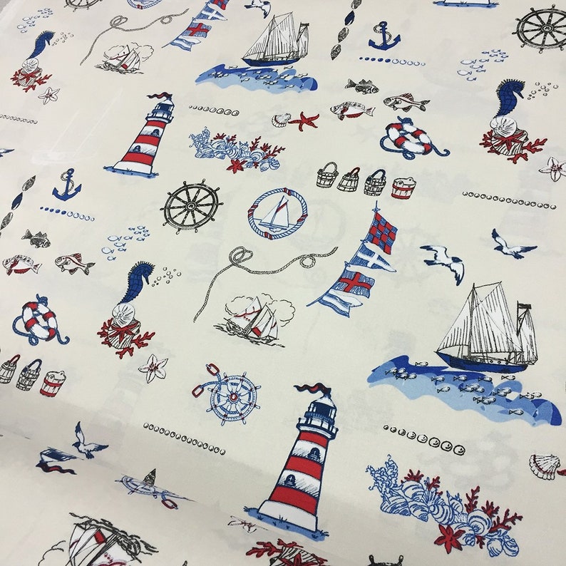 Nautical Fabric, Boat Fabric, Marine Fabric, Lighthouse Fabric, Blue Ocean Fabric, Explorer Cotton Canvas Kids Upholstery Decor Fabric Yard image 1