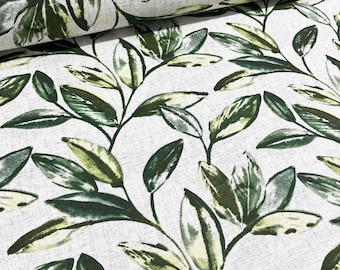 Green Leaves Fabric, Watercolor Upholstery Fabric, Jungle Fabric, Botanical Print Foliage Cotton Canvas Furnishing Home Decor Fabric by Yard
