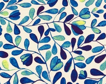 Blue White Leaves Upholstery Fabric, Watercolor Botanical Print Painting Art Decorative Drapery Cushion Tablecloth Runner Fabric by Yard