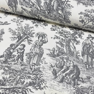 Gray Toile Fabric, French Country Fabric, Cottage Upholstery Toile de Jouy Shabby Chic Boho Canvas Curtain Indoor Outdoor Decor Fabric Yard