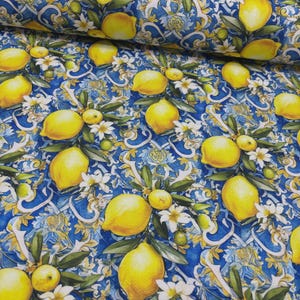 Lemon Upholstery Fabric, Blue and Yellow Fabric, Italian Majolica Tile Mediterranean Sicilian Floral Print Curtain Cushion Decor Fabric Yard