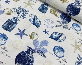 Tela de tapicería costera, tela de conchas marinas, tela azul y blanca, tela de algodón estilo vintage náutico con estrellas de mar y playa para decoración de exteriores.