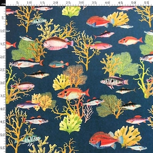 Under The Sea Fabric, Fish Print Fabric, Sea Life Fabric, Aqua Navy Blue Coral Reef Nautical Marine Animal Upholstery Home Decor Fabric Yard
