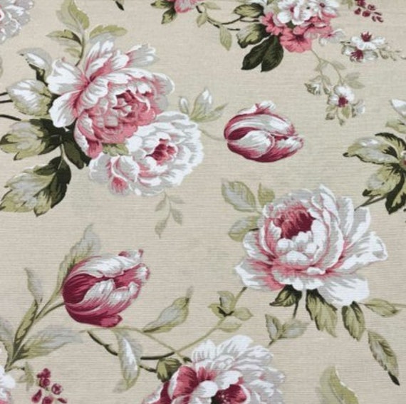 Floral Fabric By Yard CLEARANCE Red Pink Roses Butterfly Beige Premium  Cotton #C