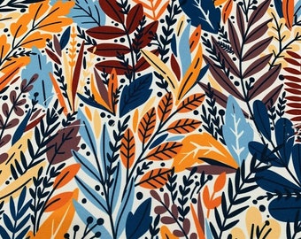 Leaves Upholstery Fabric, Modern Boho Fabric, Orange Blue Fabric, Designer Fabric by Yard, Exotic Botanical Outdoor Furniture Drapery Fabric