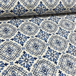 Mosaic Fabric, Tile Fabric, Blue White Fabric, Turkish Ottoman Moroccan Ceramic Upholstery Cotton Canvas Decorative Tablecloth Fabric Yard