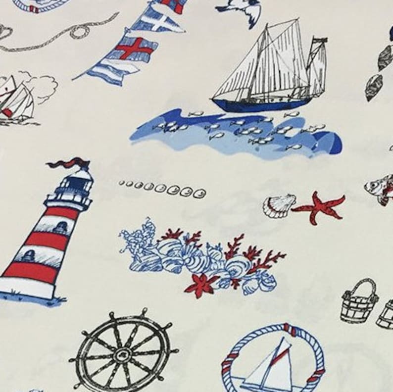 Nautical Fabric, Boat Fabric, Marine Fabric, Lighthouse Fabric, Blue Ocean Fabric, Explorer Cotton Canvas Kids Upholstery Decor Fabric Yard image 2