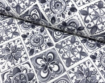 Tela con estampado de azulejos, tela mediterránea, tela de tapicería gris y blanca, tela de mayólica siciliana con mosaico floral para decoración de interiores y exteriores.