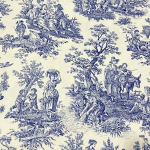 Toile Fabric, French Upholstery Fabric, Country Fabric, Blue White Farmhouse Cottage Cotton Canvas Drapery Curtain Home Decor Fabric by Yard