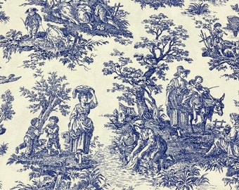 Toile Fabric, French Upholstery Fabric, Country Fabric, Blue White Farmhouse Cottage Cotton Canvas Drapery Curtain Home Decor Fabric by Yard