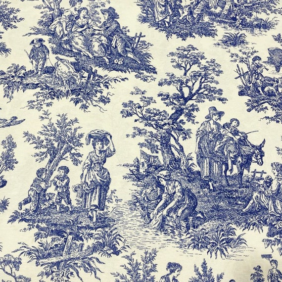 Toile Fabric, French Upholstery Fabric, Country Fabric, Blue White