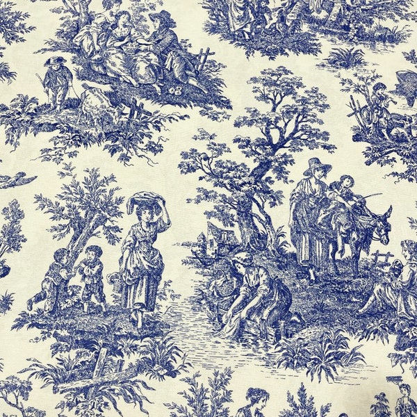 Toile Fabric, French Upholstery Fabric, Country Fabric, Blue White Farmhouse Cottage Cotton Canvas Drapery Curtain Home Decor Fabric by Yard