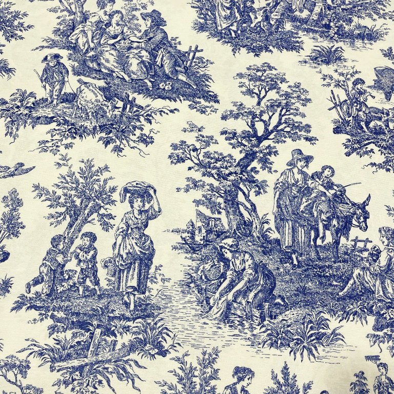 Toile Fabric, French Upholstery Fabric, Country Fabric, Blue White  Farmhouse Cottage Cotton Canvas Drapery Curtain Home Decor Fabric by Yard 