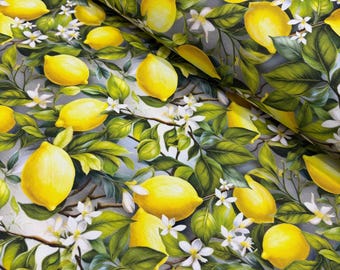 Lemon Fabric, Yellow Green Lemon Tree Blossom Flower Leaves Fruit Print Botanical Upholstery Kitchen Curtain Chair Sofa Decor Fabric by Yard