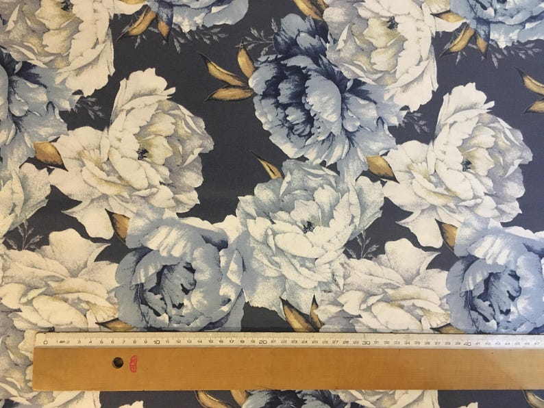 Large Rose Fabric, Blue White Floral Fabric, Big Flowers Fabric, Retro Country Cotton Canvas Curtain Cushion Upholstery Peony Fabric by Yard zdjęcie 4