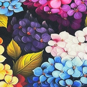 Tessuto per tappezzeria, tessuto in tela floreale, tessuto ortensia, tessuto per tende e cuscini con stampa 3D di fiori colorati. immagine 2