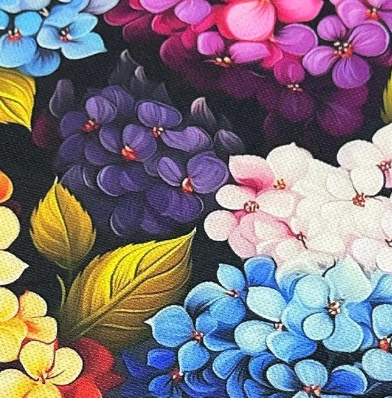 Tessuto per tappezzeria, tessuto in tela floreale, tessuto ortensia, tessuto per tende e cuscini con stampa 3D di fiori colorati. immagine 2