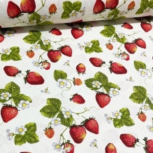 Red strawberries green leaves and white strawberry flowers printed on white cotton canvas water repellent fabric