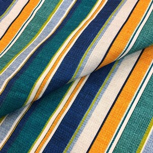 Stripe Upholstery Fabric, Teal Orange Fabric, Linen Look Fabric, Colorful Turquoise Navy Blue Stripe Curtain Chair Sofa Decor Fabric Yard