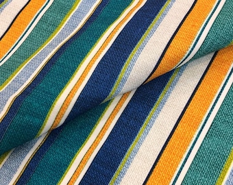 Stripe Upholstery Fabric, Teal Orange Fabric, Linen Look Fabric, Colorful Turquoise Navy Blue Stripe Curtain Chair Sofa Decor Fabric Yard