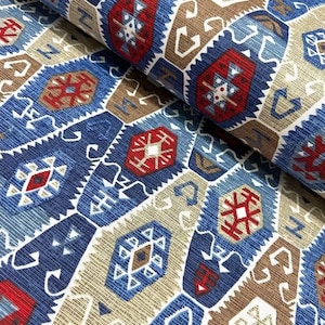 Kilim Fabric, Geometric Upholstery Fabric, Diamond Fabric, Blue Red Native Southwestern Persian Tapestry Cushion Home Decor Bag Fabric Yard