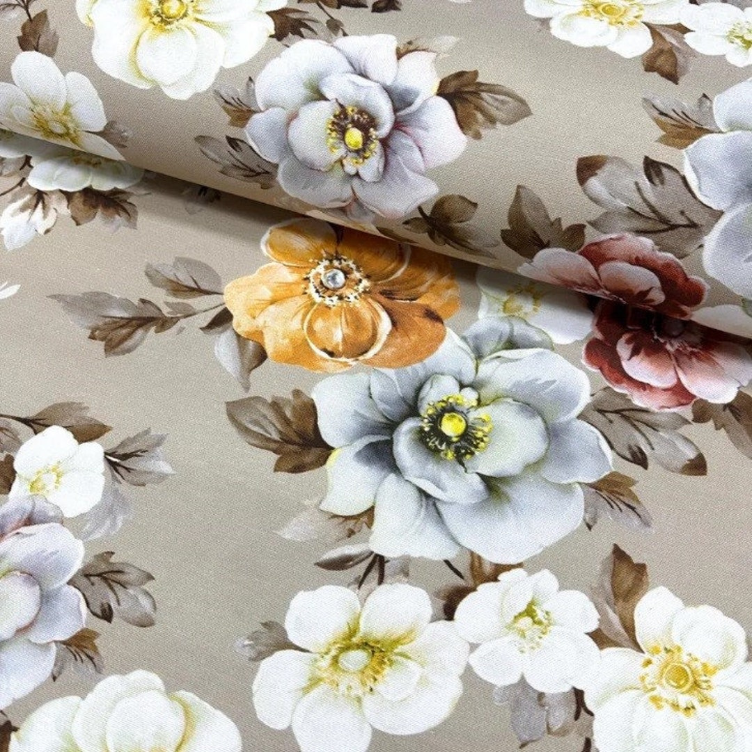 Beige Floral Upholstery Fabric White Mustard Large Flower Bloom beige-floral-upholstery-fabric-white-mustard-large-flower-bloom