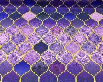 Tela oriental, tela de tapicería púrpura, tela marroquí, tela de azulejos de mosaico, tela de sofá drapeado de muebles al aire libre lila Boho cortado a medida