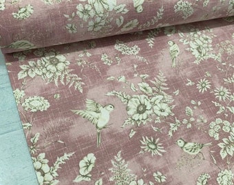 Toile Upholstery Fabric, Retro Vintage Look Fabric, Pastel Canvas Fabric, Flowers Birds Nature Fabric, Dusty Rose Cotton Decor Fabric Yard