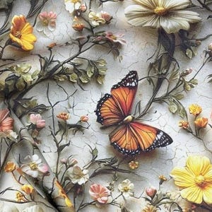 May include: A close-up of a butterfly with orange and black wings, set amongst a variety of flowers in yellow, pink, and white. The background has a textured, cracked effect, with floral branches throughout the image.