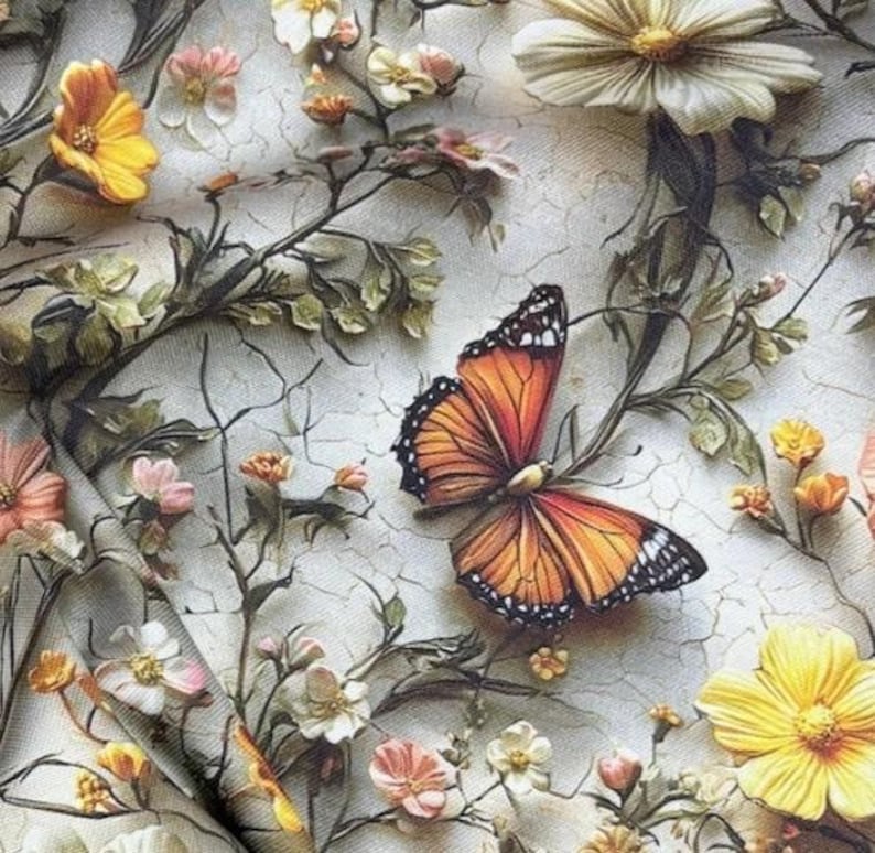 May include: A close-up of a butterfly with orange and black wings, set amongst a variety of flowers in yellow, pink, and white. The background has a textured, cracked effect, with floral branches throughout the image.