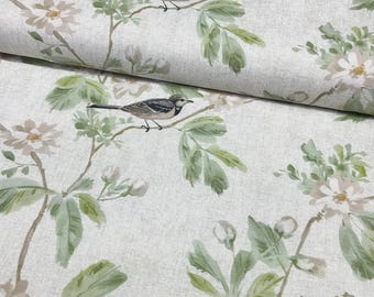 Bird Floral Fabric, Botanical Print Upholstery Linen Look Vintage Style Cotton Curtain Cushion Country Cottagecore Craft Material by Yard