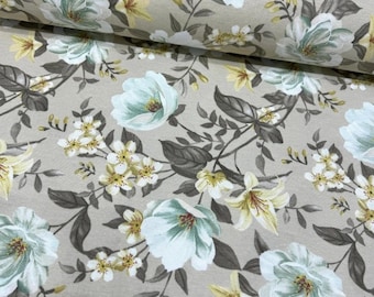 Wildflower Fabric, Beige Floral Fabric, Flower Upholstery Fabric, Magnolia Print Lily White Yellow Cotton Canvas Chair Cushion Fabric Yard