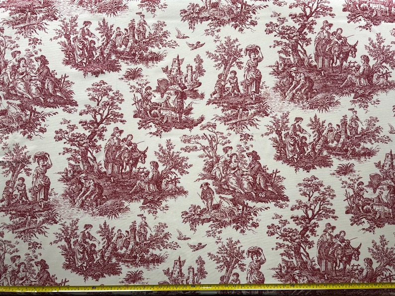 Toile de Jouy Fabric, Burgundy Upholstery Fabric, Maroon White Fabric, Vintage Style Retro Scenic Cotton Canvas Sofa Home Decor Fabric Yard image 4