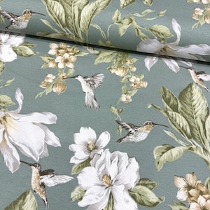 Hummingbird Fabric, Sage Green Floral Fabric, Bird Upholstery Fabric, Lily Flower Teal Duck Egg White Magnolia Cotton Home Decor Fabric Yard